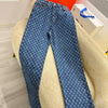 LV Style Signature Monogram Wide Leg Denim Jeans – Blue